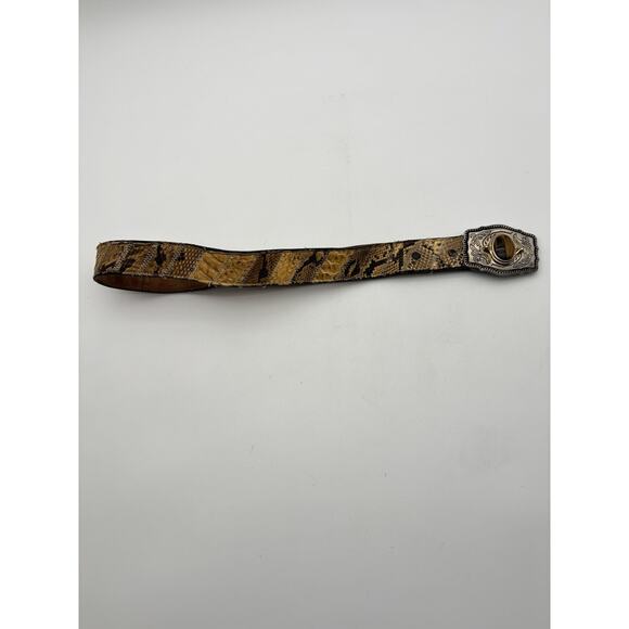 VTG Snakeskin Belt Mens Brown Hand Tooled Tiger Eye Western Buckle Fits 32” main image 6